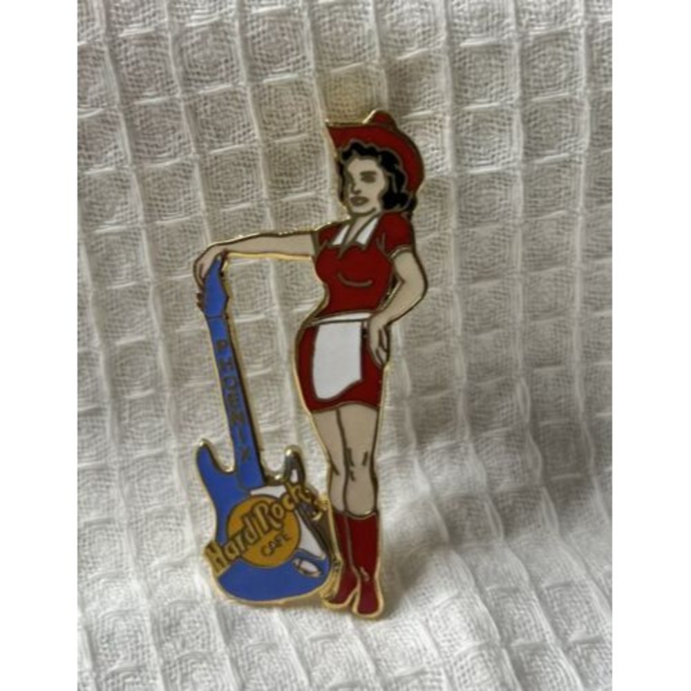 Hard Rock Cafe Phoenix Arizona Guitar Pin Cow Girl Waitress Blue Red Gold Tone